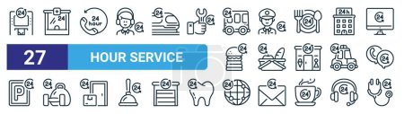 Photo for Set of 27 outline web hour service icons such as atm, phary, hours, security, food store, gym, internet, hospital vector thin line icons for web design, mobile app. - Royalty Free Image