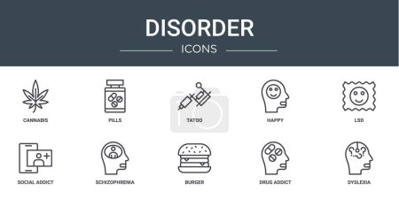 set of 10 outline web disorder icons such as cannabis, pills, tatoo, happy, lsd, social addict, schizophrenia vector icons for report, presentation, diagram, web design, mobile app