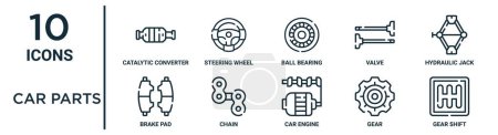 car parts outline icon set such as thin line catalytic converter, ball bearing, hydraulic jack, chain, gear, gear shift, brake pad icons for report, presentation, diagram, web design