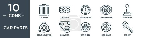 car parts outline icon set includes thin line oil filter, cylinder, speedometer, turbo engine, gear shift, strut mounting, conveyor icons for report, presentation, diagram, web design