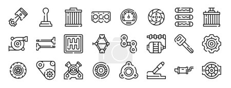 set of 24 outline web car parts icons such as piston, gear shift, oil filter, cylinder, speedometer, disc brake, fuse vector icons for report, presentation, diagram, web design, mobile app