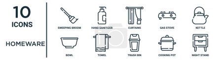 homeware outline icon set such as thin line sweeping broom, curtains, kettle, towel, cooking pot, night stand, bowl icons for report, presentation, diagram, web design