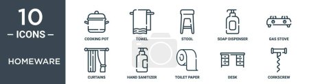 Photo for Homeware outline icon set includes thin line cooking pot, towel, stool, soap dispenser, gas stove, curtains, hand sanitizer icons for report, presentation, diagram, web design - Royalty Free Image