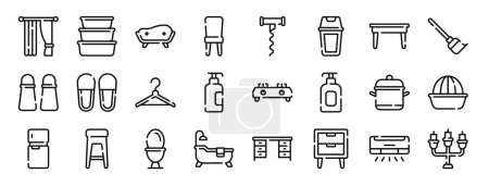 set of 24 outline web homeware icons such as curtains, food container, sofa, chair, corkscrew, trash bin, dining table vector icons for report, presentation, diagram, web design, mobile app