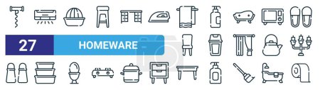 set of 27 outline web homeware icons such as corkscrew, ac, squeezer, hand sanitizer, trash bin, food container, dining table, toilet paper vector thin line icons for web design, mobile app.