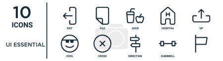 Photo for Ui essential outline icon set such as thin line exit, juice, up, cross, dumbbell, , cool icons for report, presentation, diagram, web design - Royalty Free Image