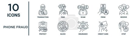 phone fraud outline icon set such as thin line transaction, scam, deceive, block, credit card, stop, protect icons for report, presentation, diagram, web design