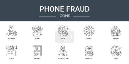 Illustration for Set of 10 outline web phone fraud icons such as reciever, scam, stop, block, parcel, loses, report vector icons for report, presentation, diagram, web design, mobile app - Royalty Free Image