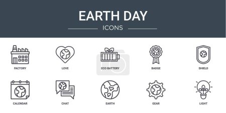 Satz von 10 Umrissen Web Earth Day Symbole wie Fabrik, Liebe, Öko-Batterie, Abzeichen, Schild, Kalender, Chat-Vektor-Symbole für Bericht, Präsentation, Diagramm, Webdesign, mobile App