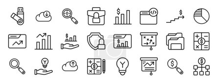 set of 24 outline web startup icons such as flash drive, download, research, luggage, increase, html, scale up vector icons for report, presentation, diagram, web design, mobile app