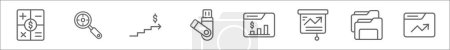 outline set of startup line icons. linear vector icons such as calculator, research, scale up, flash drive, graph, presentation, folder, web analytics
