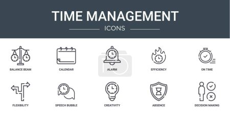 Photo for Set of 10 outline web time management icons such as balance beam, calendar, alarm, efficiency, on time, flexibility, speech bubble vector icons for report, presentation, diagram, web design, mobile - Royalty Free Image