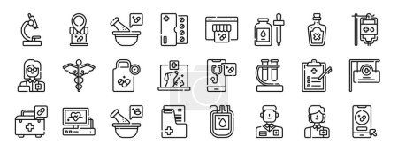 set of 24 outline web phary icons such as microscope, location, pills, tablet, online phary, dropper, potion vector icons for report, presentation, diagram, web design, mobile app