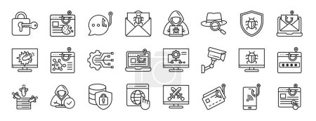 Satz von 24 umreißen Web-Hacker-Aktivität Symbole wie Sicherheit, Diebstahl, Gespräch, E-Mail, Hacker, weißer Hut, Sicherheitsvektorsymbole für Bericht, Präsentation, Diagramm, Webdesign, mobile App