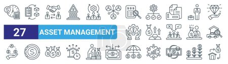 set of 27 outline web asset management icons such as calculation, inventory management, crm, money management, ass, refinancing, risk refinancing vector thin line icons for web design, mobile app.