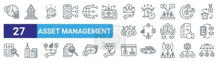 set of 27 outline web asset management icons such as calculation, bank, property, liability, manager, buildings, bank account, risk management vector thin line icons for web design, mobile app.