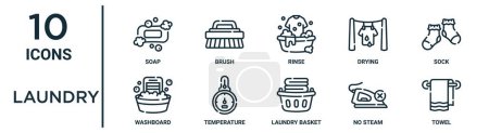 Wäsche Umrisse Symbolset wie dünne Linie Seife, Spülen, Socken, Temperatur, kein Dampf, Handtuch, Waschbrett-Symbole für Bericht, Präsentation, Diagramm, Webdesign