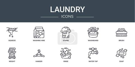 set of 10 outline web laundry icons such as squeeze, washing hine, stains, washboard, brush, weight, hanger vector icons for report, presentation, diagram, web design, mobile app