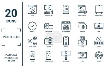 Photo for Video blog linear icon set. includes thin line video, official, share video, target, advertisement, views icons for report, presentation, diagram, web design - Royalty Free Image