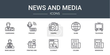 Photo for Set of 10 outline web news and media icons such as cameraman, podcast, camera, globe, television, news anchor, printing hine vector icons for report, presentation, diagram, web design, mobile app - Royalty Free Image