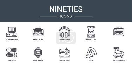 Illustration for Set of 10 outline web nineties icons such as old computer, music tape, headphones, video game, , hair clip, hand watch vector icons for report, presentation, diagram, web design, mobile app - Royalty Free Image