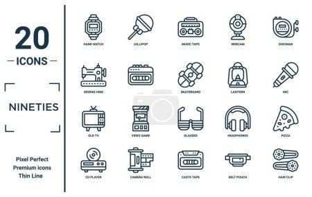 Lineares Icon Set aus den Neunzigern. Beinhaltet dünne Zeiger, Nähmaschine, alten Fernseher, CD-Player, Haarspange, Skateboard, Pizza-Symbole für Bericht, Präsentation, Diagramm, Webdesign