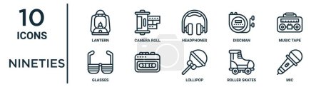 Photo for Nineties outline icon set such as thin line lantern, headphones, music tape, , roller skates, mic, glasses icons for report, presentation, diagram, web design - Royalty Free Image