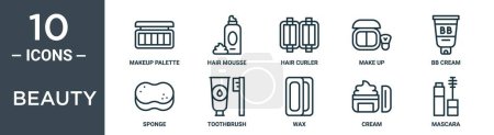 ensemble d'icônes de contour de beauté comprend la palette de maquillage de ligne mince, mousse capillaire, boucleur de cheveux, maquillage, crème bb, éponge, icônes de brosse à dents pour rapport, présentation, diagramme, conception Web