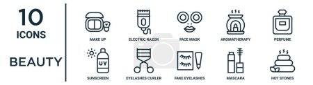 beauty outline icon set such as thin line make up, face mask, perfume, eyelashes curler, mascara, hot stones, sunscreen icons for report, presentation, diagram, web design