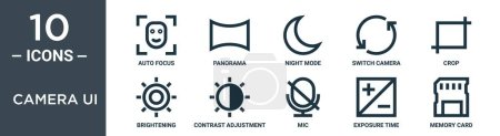 Kamera ui Outline Icon Set umfasst dünne Linie Autofokus, Panorama, Nachtmodus, Switch-Kamera, Zuschnitt, Aufhellung, Kontrastanpassung Symbole für Bericht, Präsentation, Diagramm, Webdesign