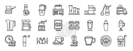 Set mit 24 umrissenen Web-Coffee-Shop- und Café-Symbolen wie Cezve, Aeropress, Vietnam-Tropf, Gewichtswaage, Wigger, Kaffee, Schlagsahne-Vektorsymbole für Bericht, Präsentation, Diagramm, Webdesign,