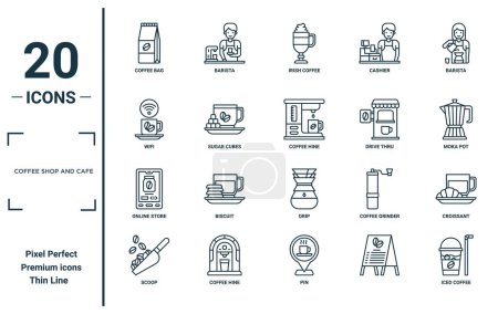 Photo for Coffee shop and cafe linear icon set. includes thin line coffee bag, wifi, online store, scoop, iced coffee, hine, croissant icons for report, presentation, diagram, web design - Royalty Free Image