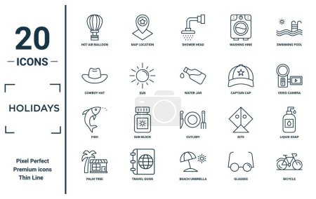 vacaciones conjunto de iconos lineales. incluye globo de aire caliente de línea delgada, sombrero de vaquero, pescado, palmera, bicicleta, frasco de agua, iconos de jabón líquido para el informe, presentación, diagrama, diseño web