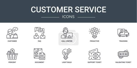 set of 10 outline web customer service icons such as customer, faq, call center, proactive, tracking, percent, document vector icons for report, presentation, diagram, web design, mobile app