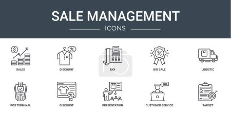 Photo for Set of 10 outline web sale management icons such as sales, discount, fax, big sale, logistic, pos terminal, discount vector icons for report, presentation, diagram, web design, mobile app - Royalty Free Image