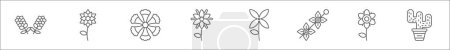outline set of flowers line icons. linear vector icons such as lavender, tiger lily, fringed dianthus, borage, bouvardia, delphinium, strawberry blossoms, cactus