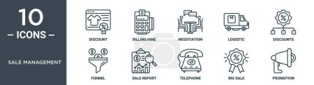 Sale Management Outline Icon Set enthält Thin Line Discount, Billing Hine, Verhandlung, Logistik, Rabatte, Trichter, Verkaufsbericht Symbole für Bericht, Präsentation, Diagramm, Webdesign