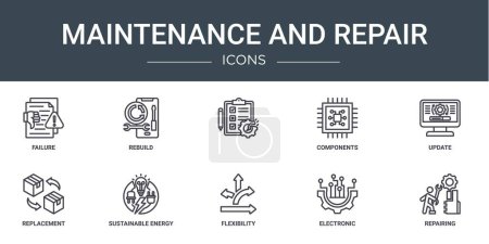 Photo for Set of 10 outline web maintenance and repair icons such as failure, rebuild, , components, update, replacement, sustainable energy vector icons for report, presentation, diagram, web design, mobile - Royalty Free Image