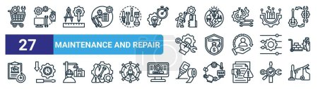set of 27 outline web maintenance and repair icons such as purchase, service, measurement, sustainable energy, insurance, down time, adhesives, vacuum cleaner vector thin line icons for web design,
