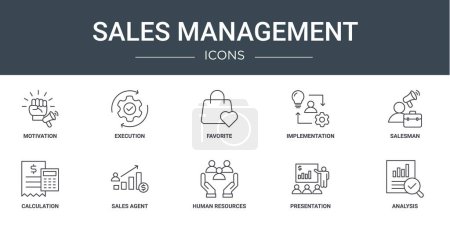 set of 10 outline web sales management icons such as motivation, execution, favorite, implementation, salesman, calculation, sales agent vector icons for report, presentation, diagram, web design,