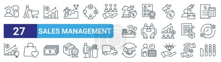 Illustration for Set of 27 outline web sales management icons such as difficulty, costumer, profit growth, qualification, human resources, favorite, relationship, queue vector thin line icons for web design, mobile - Royalty Free Image