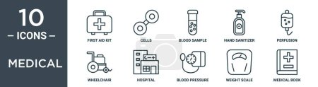 Medizinisches Kontursymbolset enthält dünne Verbandskästen, Zellen, Blutprobe, Händedesinfektionsmittel, Perfusion, Rollstuhl, Krankenhaussymbole für Bericht, Präsentation, Diagramm, Webdesign