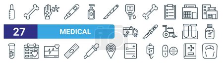 Photo for Set of 27 outline web medical icons such as ampoule, bone, allergies, broken bone, knife, medical appointment, medical history, weight scale vector thin line icons for web design, mobile app. - Royalty Free Image