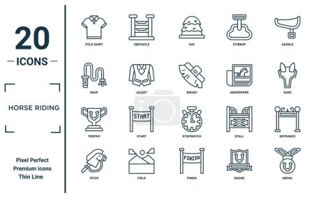 Photo for Horse riding linear icon set. includes thin line polo shirt, whip, trophy, stick, medal, brush, entrance icons for report, presentation, diagram, web design - Royalty Free Image