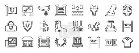 Photo for Set of 24 outline web horse riding icons such as flags, , saddle, obstacle, water, ears, horse feet vector icons for report, presentation, diagram, web design, mobile app - Royalty Free Image