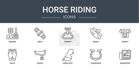 set of 10 outline web horse riding icons such as manure, girth, stirrup, brush, bucket, pants, saddle vector icons for report, presentation, diagram, web design, mobile app