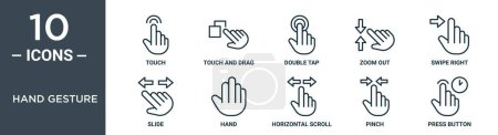 hand gesture outline icon set includes thin line touch, touch and drag, double tap, zoom out, swipe right, slide, hand icons for report, presentation, diagram, web design