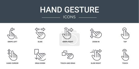 set of 10 outline web hand gesture icons such as swipe left, slide, swipe right, zoom in, tap, hand cursor, drag down vector icons for report, presentation, diagram, web design, mobile app