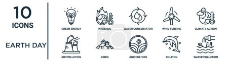 earth day outline icon set such as thin line green energy, water conservator, climate action, birds, dolphin, water pollution, air pollution icons for report, presentation, diagram, web design