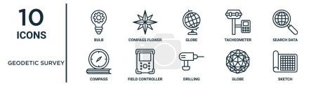 geodetic survey outline icon set such as thin line bulb, globe, search data, field controller, globe, sketch, compass icons for report, presentation, diagram, web design